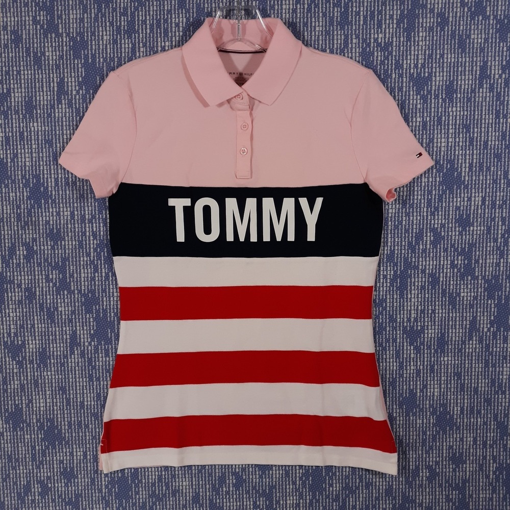 Tommy Hilfiger Polo‎ Shirt Womens Size XS Spellout Pink Cotton Blend
